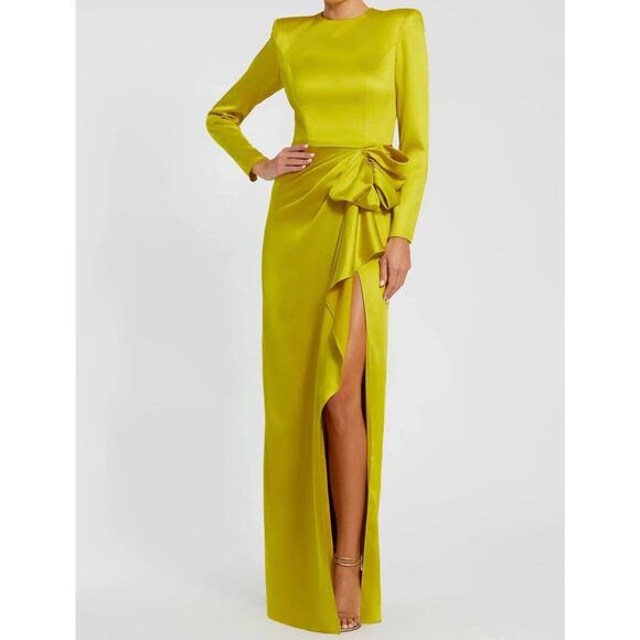 Mac Duggal Ieena 26676 Green Chartreuse Gown 14 Structured Bow Long Sleeve NWT - Picture 5 of 16